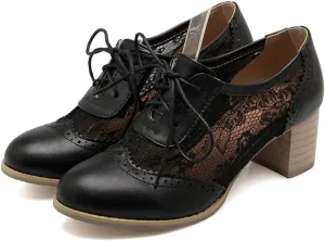 VOKLIN Women's Vintage Lace Up Pump Oxfords Brogues Wingtip Perforated Chunky Block Mid Heels Dressy Shoes
