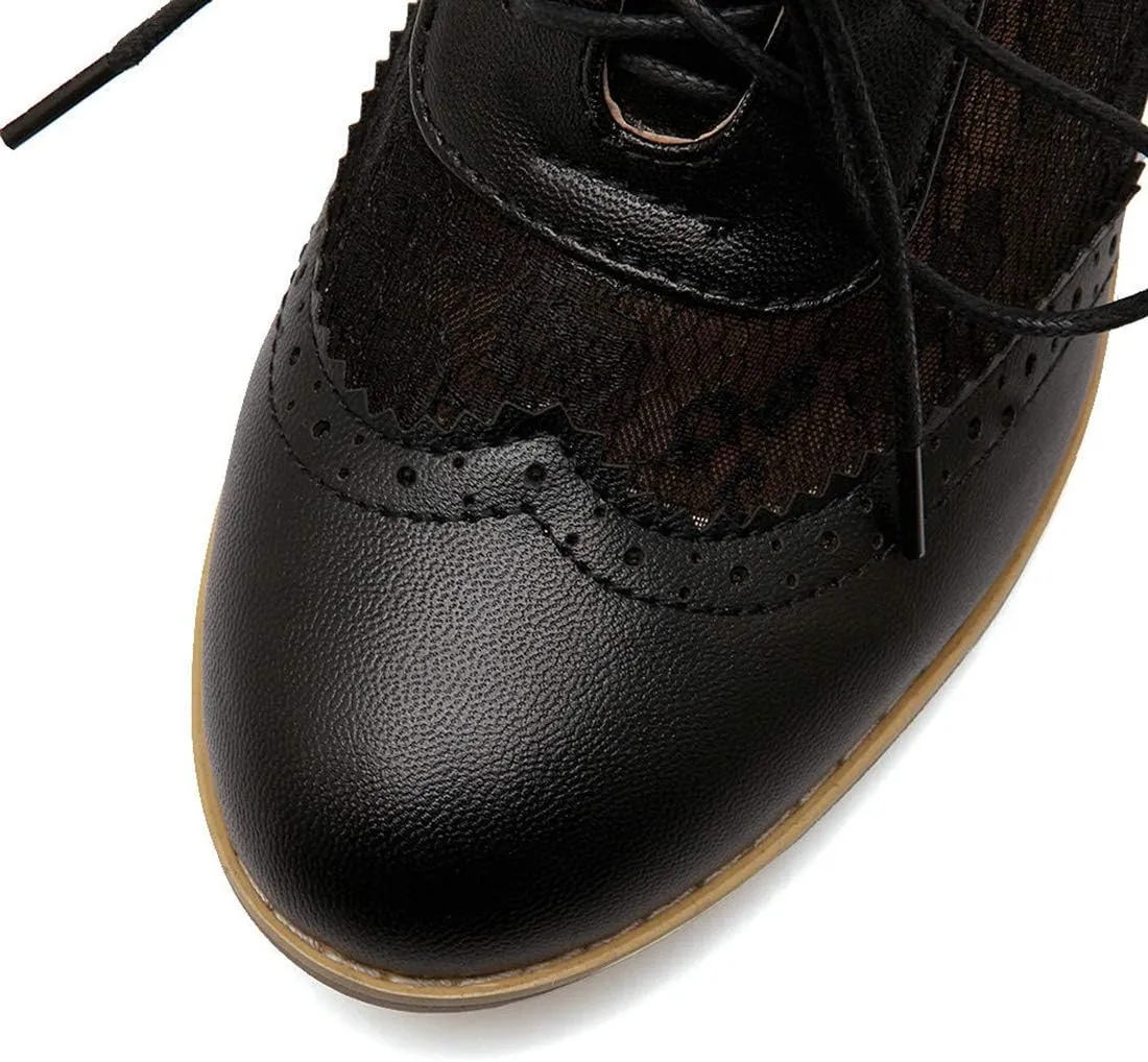 VOKLIN Women's Vintage Lace Up Pump Oxfords Brogues Wingtip Perforated Chunky Block Mid Heels Dressy Shoes