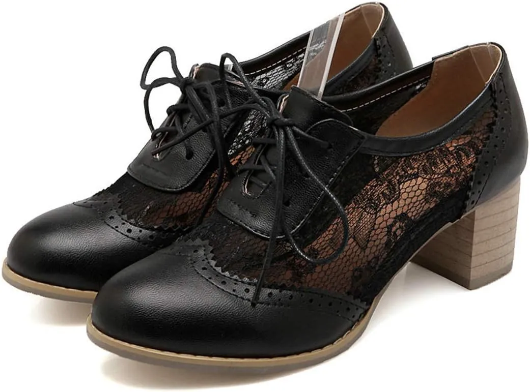VOKLIN Women's Vintage Lace Up Pump Oxfords Brogues Wingtip Perforated Chunky Block Mid Heels Dressy Shoes