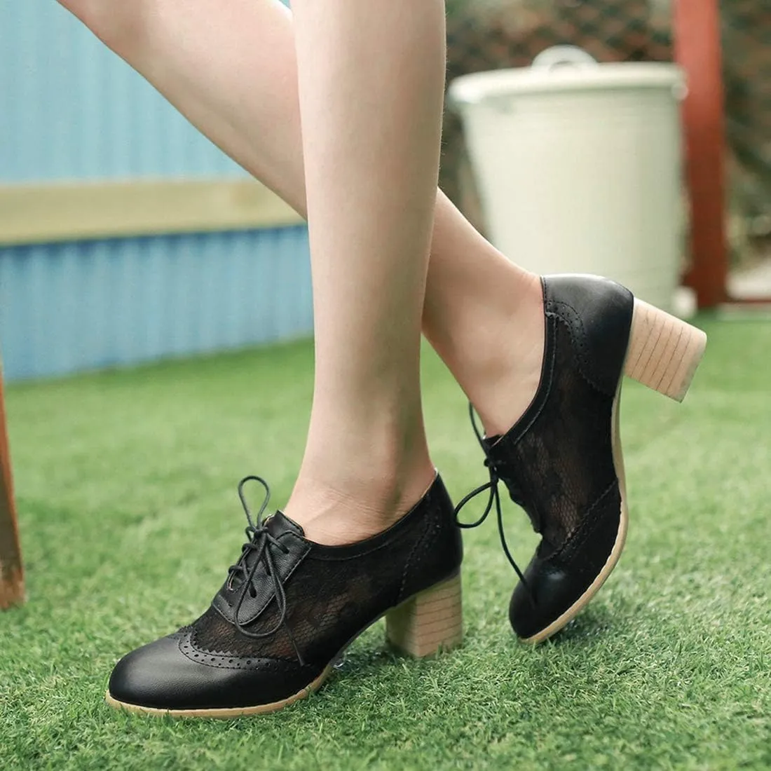 VOKLIN Women's Vintage Lace Up Pump Oxfords Brogues Wingtip Perforated Chunky Block Mid Heels Dressy Shoes