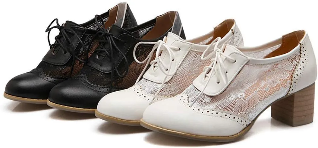 VOKLIN Women's Vintage Lace Up Pump Oxfords Brogues Wingtip Perforated Chunky Block Mid Heels Dressy Shoes