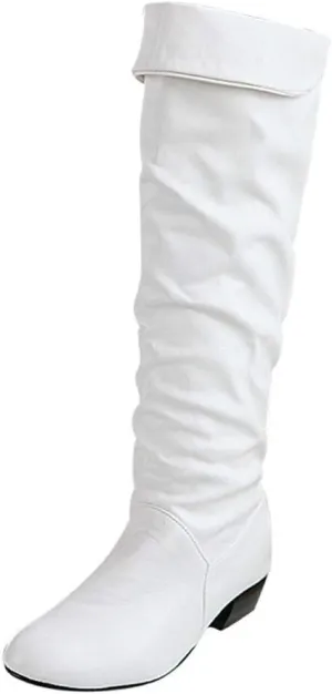 White Cowgirl Boots Pleated Thigh High Boots Low Block Heel Knee High Boots Over Knee Tall Long Bootie