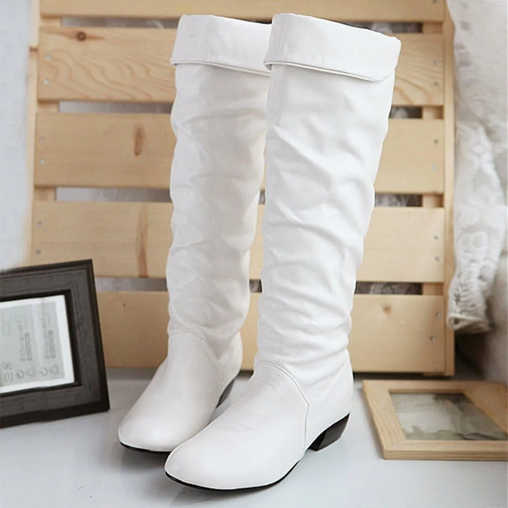 White Cowgirl Boots Pleated Thigh High Boots Low Block Heel Knee High Boots Over Knee Tall Long Bootie
