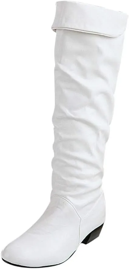 White Cowgirl Boots Pleated Thigh High Boots Low Block Heel Knee High Boots Over Knee Tall Long Bootie