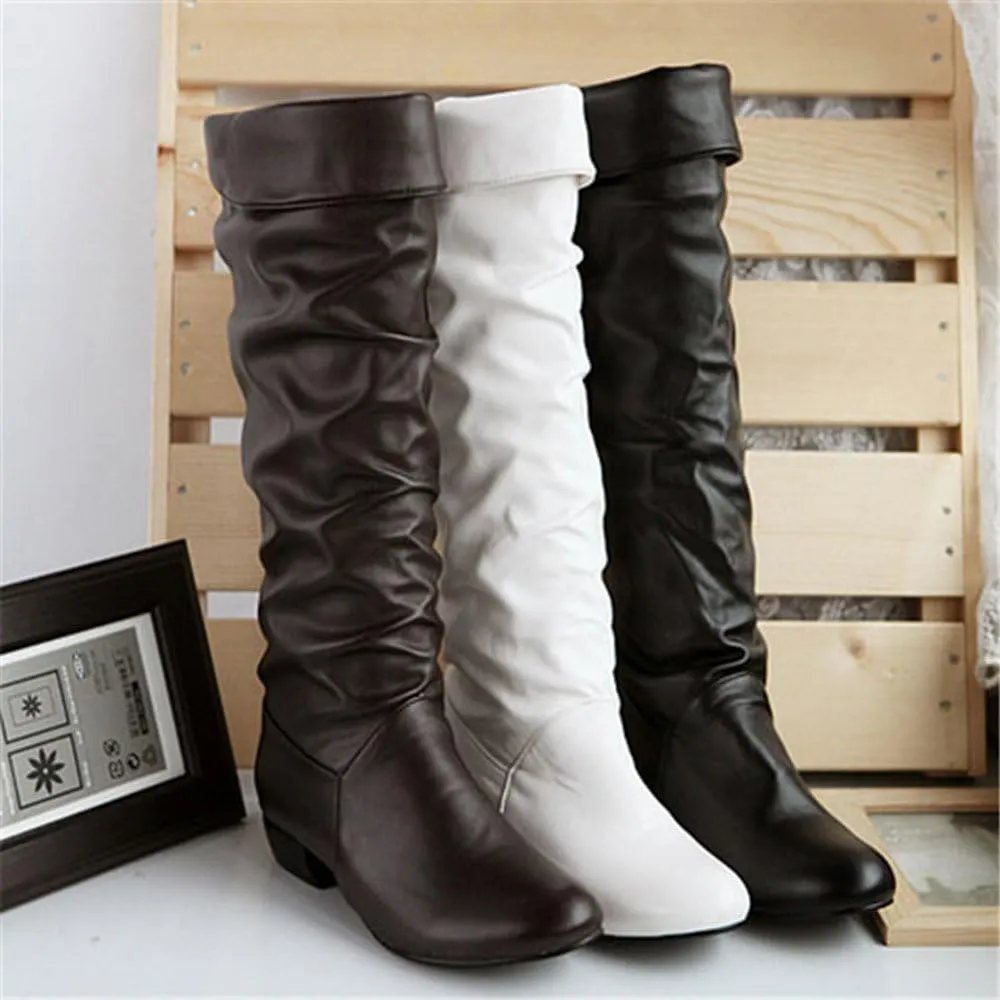 White Cowgirl Boots Pleated Thigh High Boots Low Block Heel Knee High Boots Over Knee Tall Long Bootie