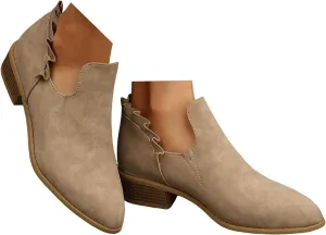 White Cowgirl Boots Woman Side Zipper Ankle Boots Suede Pointy Toe Block Chunky Short Heels Girls Ladies Fall Winter