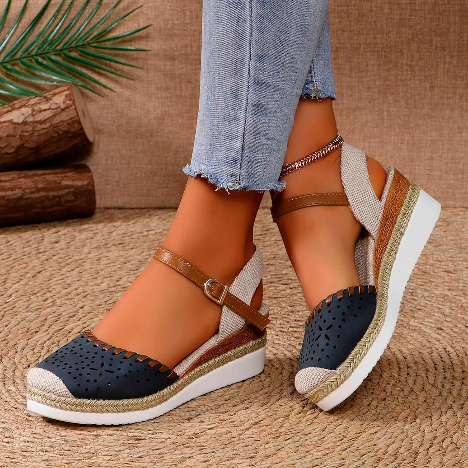 Wide Closed Toe Sandals for Women,Espadrille Wedge Sandals for Women Dressy Summer Comfortable Anti Slip Beach Casual Shoes