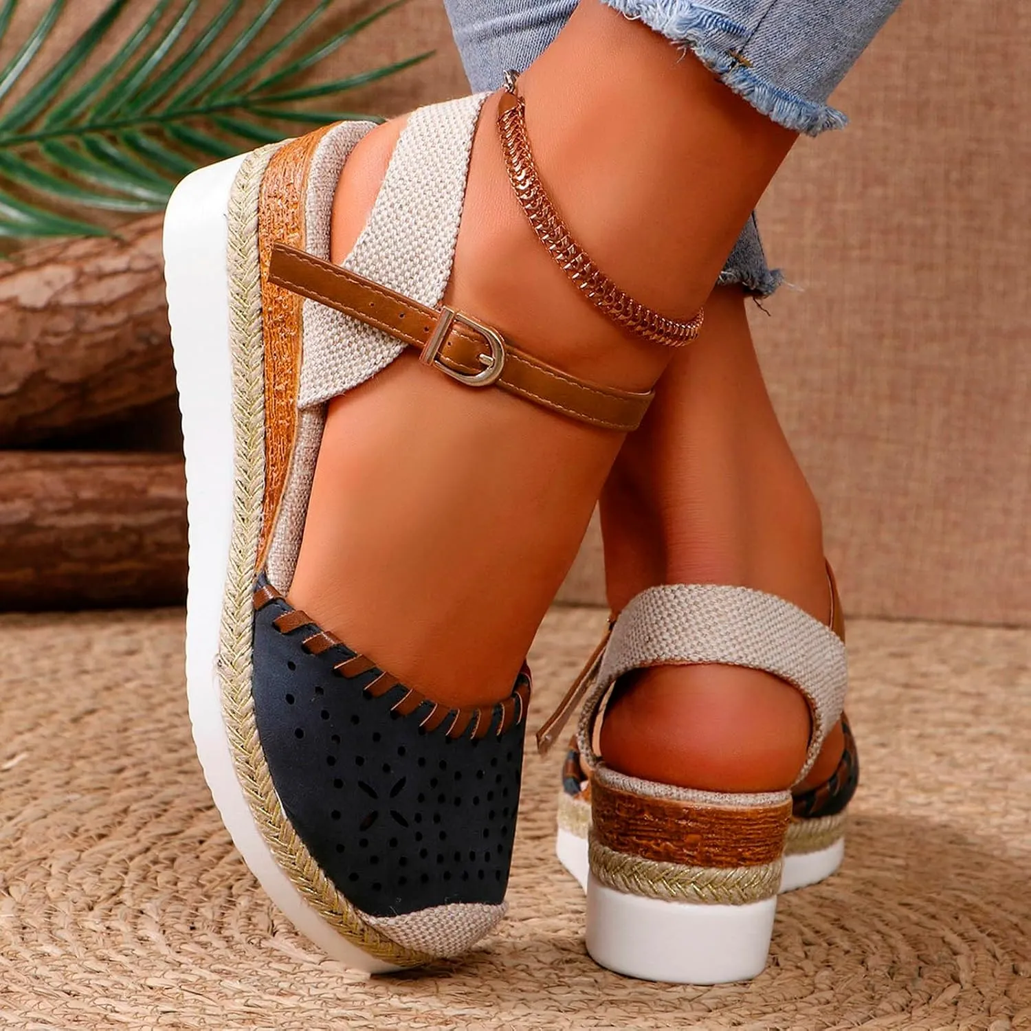 Wide Closed Toe Sandals for Women,Espadrille Wedge Sandals for Women Dressy Summer Comfortable Anti Slip Beach Casual Shoes