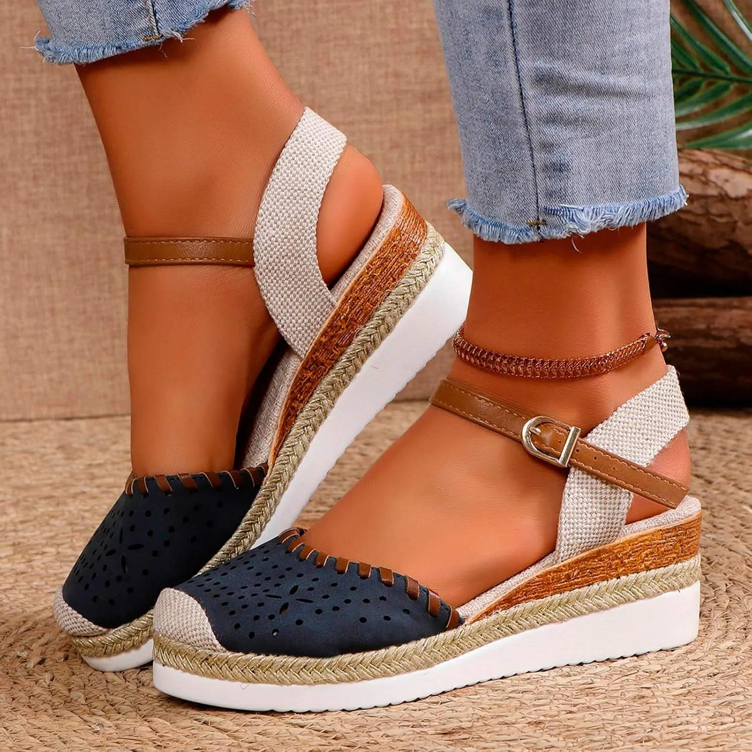 Wide Closed Toe Sandals for Women,Espadrille Wedge Sandals for Women Dressy Summer Comfortable Anti Slip Beach Casual Shoes