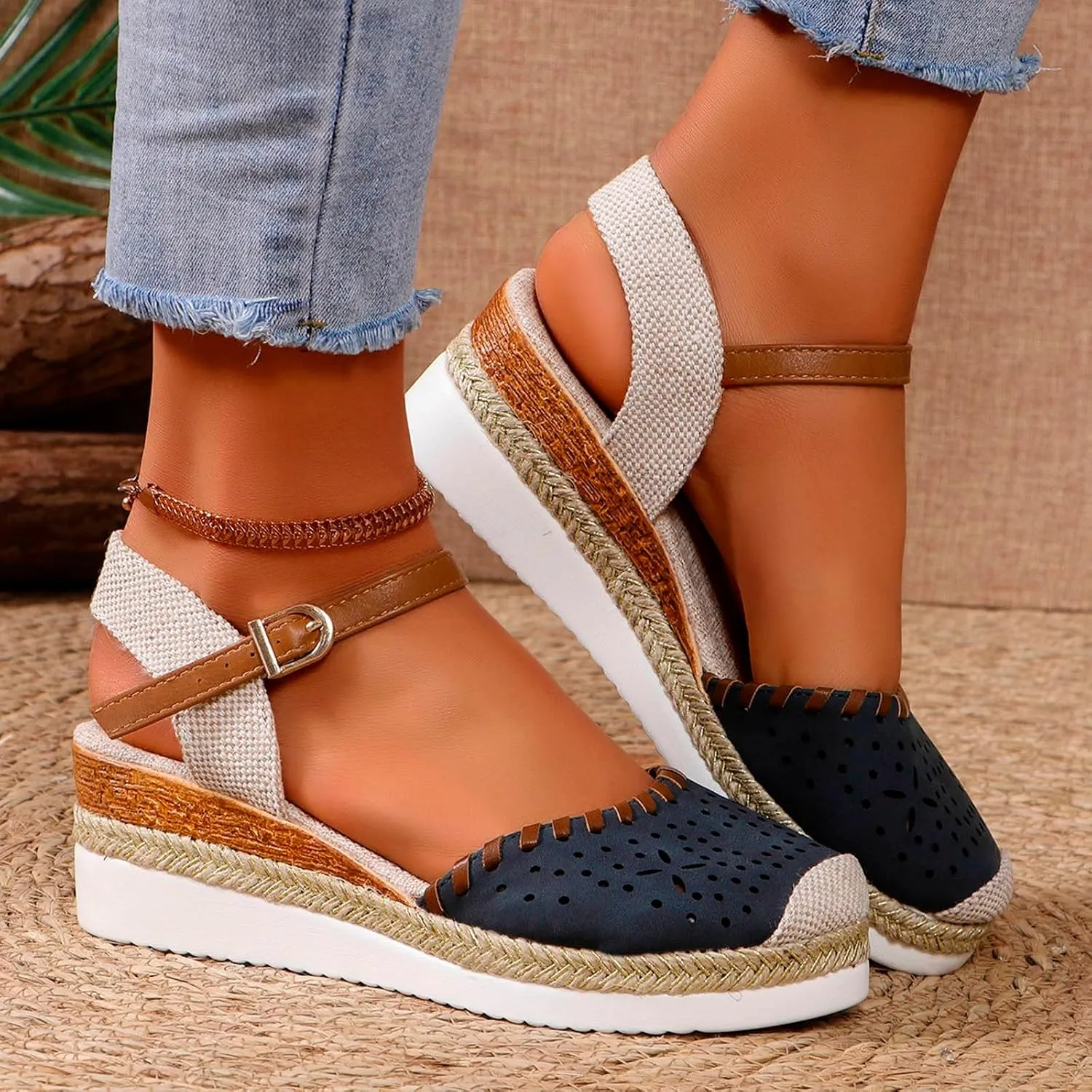 Wide Closed Toe Sandals for Women,Espadrille Wedge Sandals for Women Dressy Summer Comfortable Anti Slip Beach Casual Shoes