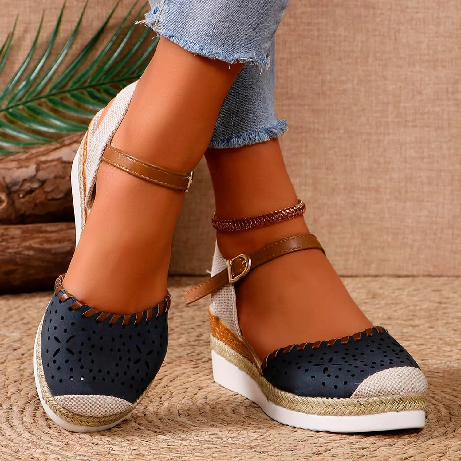 Wide Closed Toe Sandals for Women,Espadrille Wedge Sandals for Women Dressy Summer Comfortable Anti Slip Beach Casual Shoes