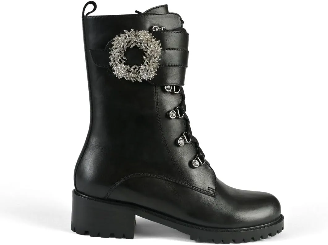 Win Jeweled Leather Combat Boots for Women and Girls  Black Women's Combat Boots in Genuine Leather with Rugged Lug Sole, 40mm Heel  Perfect for Dressy Outfits