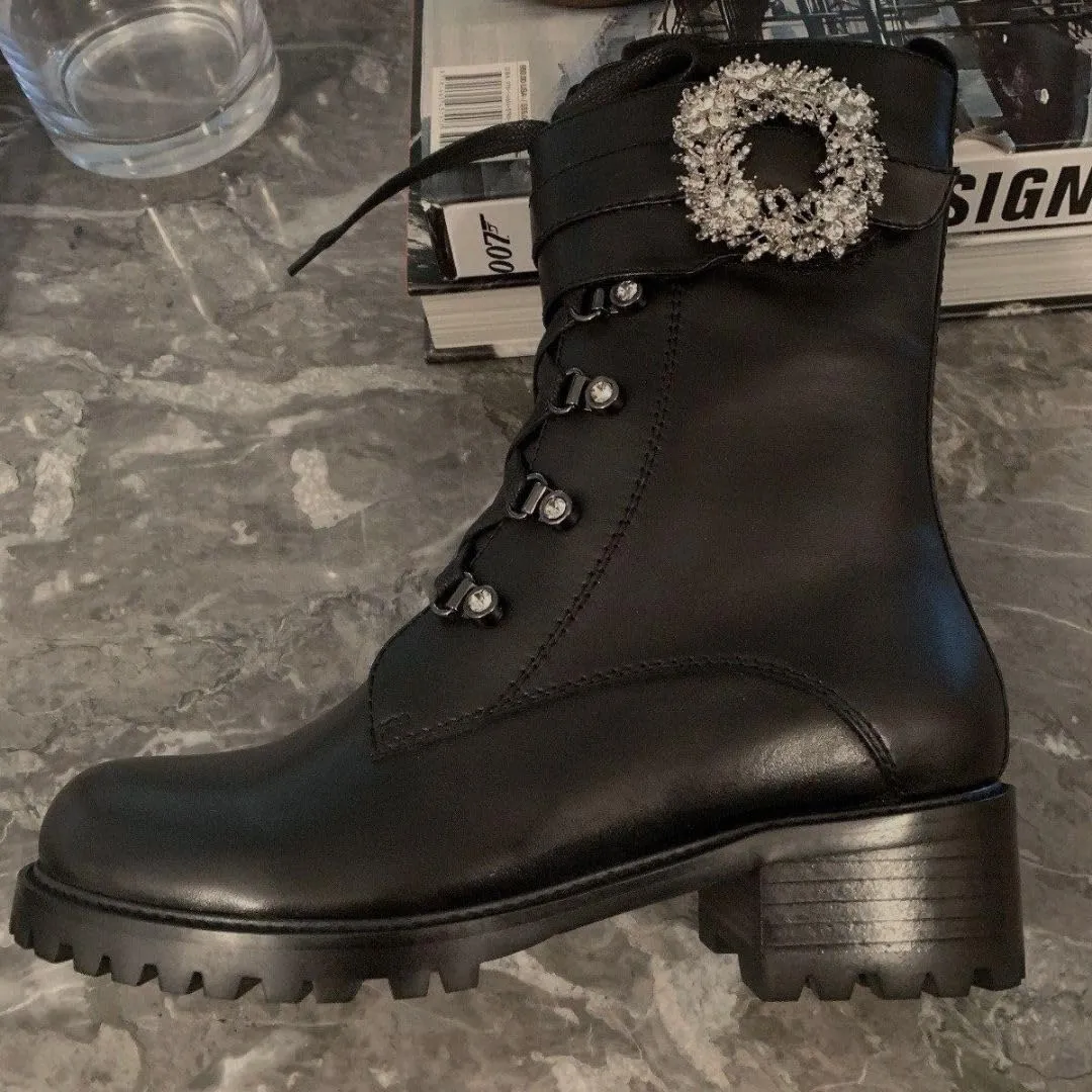Win Jeweled Leather Combat Boots for Women and Girls  Black Women's Combat Boots in Genuine Leather with Rugged Lug Sole, 40mm Heel  Perfect for Dressy Outfits