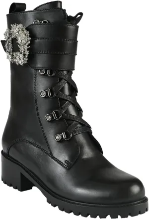 Win Jeweled Leather Combat Boots for Women and Girls  Black Women's Combat Boots in Genuine Leather with Rugged Lug Sole, 40mm Heel  Perfect for Dressy Outfits