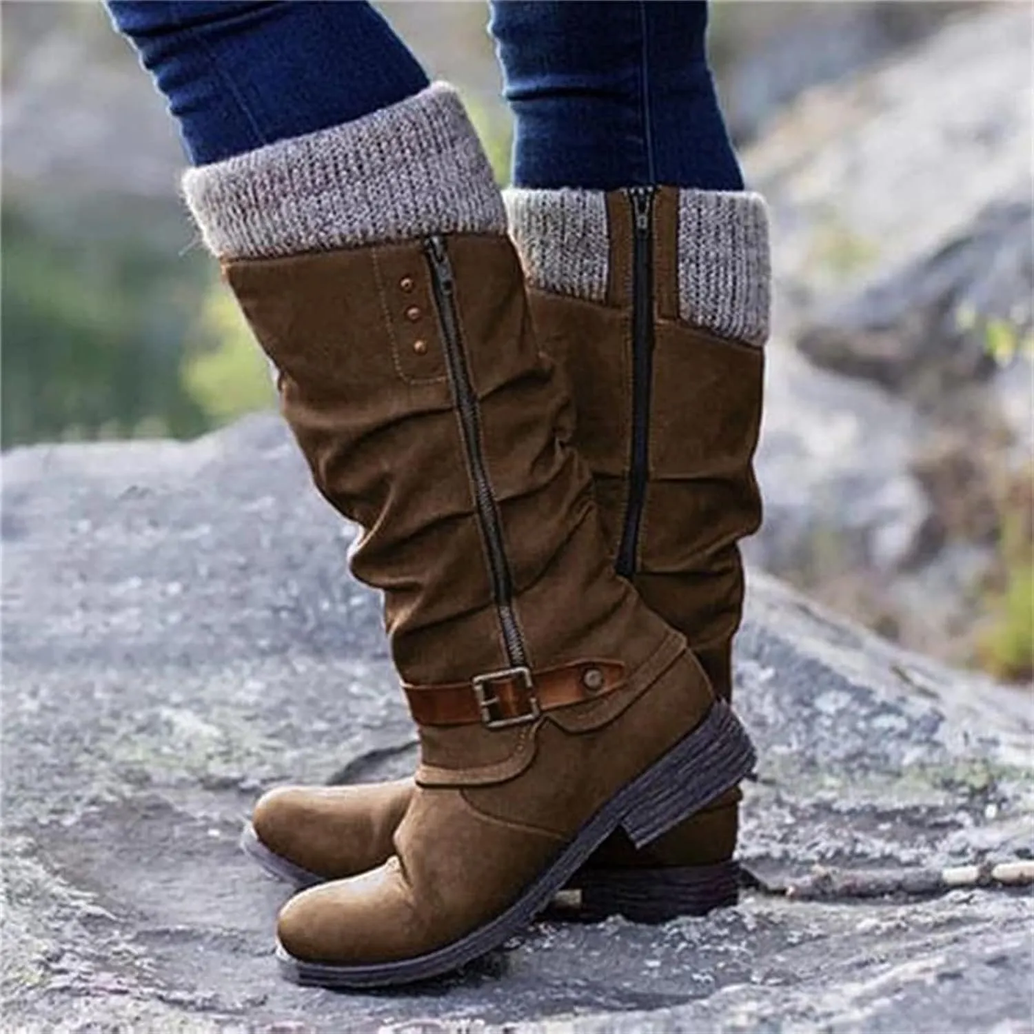 Winter Boots For Women 2022 Trendy Combat Boots Lace up Mid Calf Low Heel Chunky Platform Side Zipper Military Warm Boot