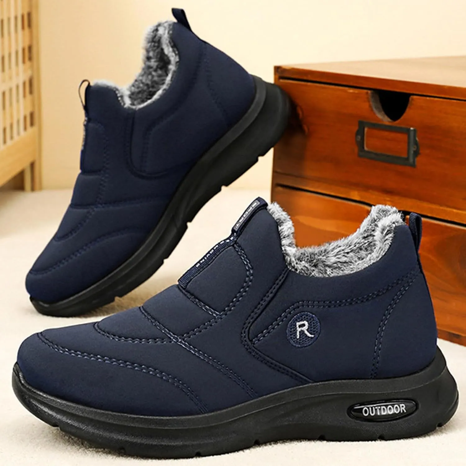 Women Ankle Boots Faux Furry Lined Snow Boots Low Heel Leather Waterproof Slip on Comfortable Fall Winter Boots Black Zipper Retro Women's Booties Ladies Boots