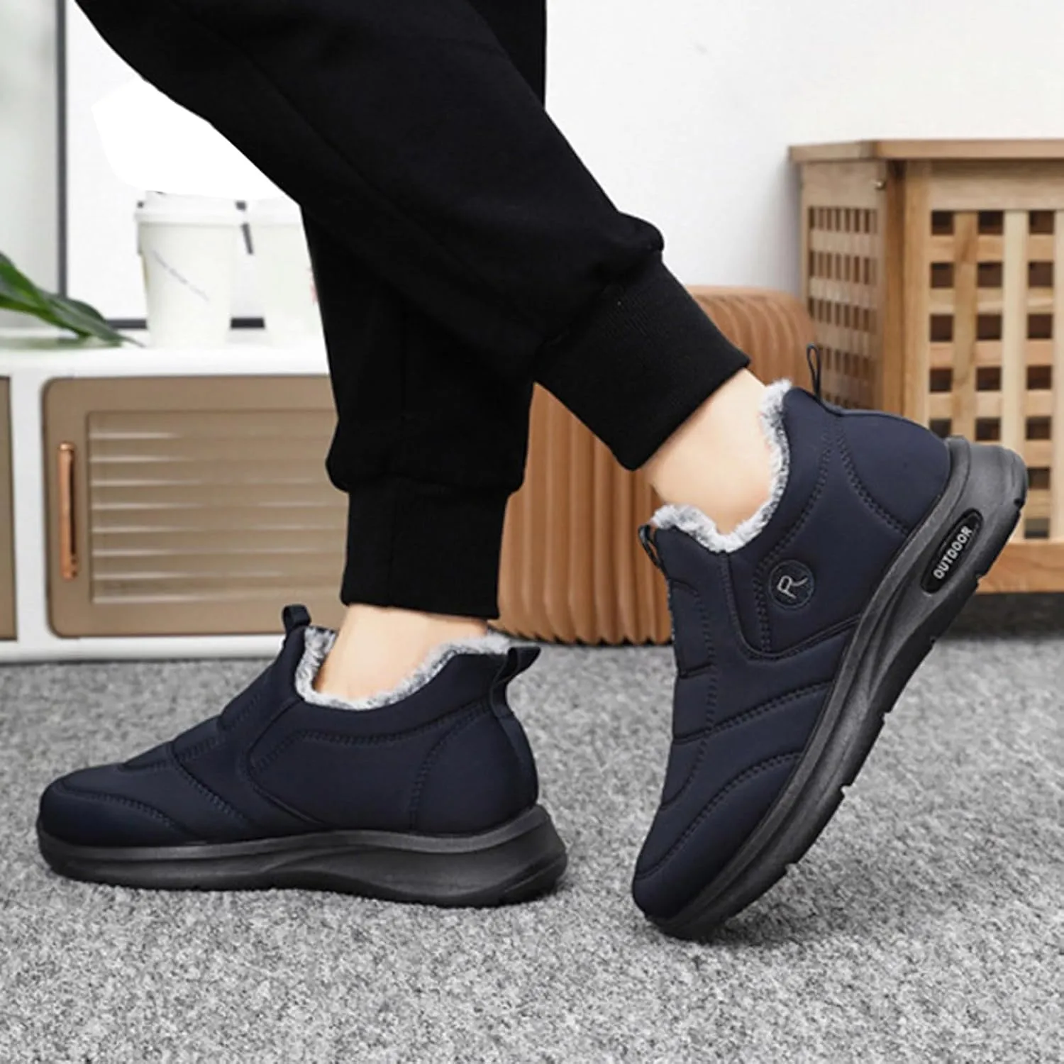 Women Ankle Boots Faux Furry Lined Snow Boots Low Heel Leather Waterproof Slip on Comfortable Fall Winter Boots Black Zipper Retro Women's Booties Ladies Boots