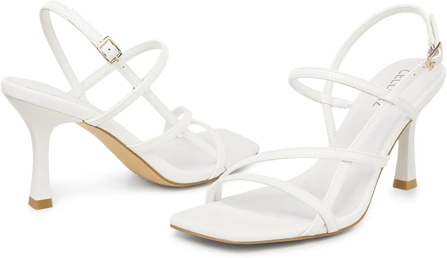 Women Strappy High Heels: Square Open Toe Slingback Sandals, Dressy Sexy Comfortable Kitten Heeled, Prom Party Wedding Black White Gold Nude