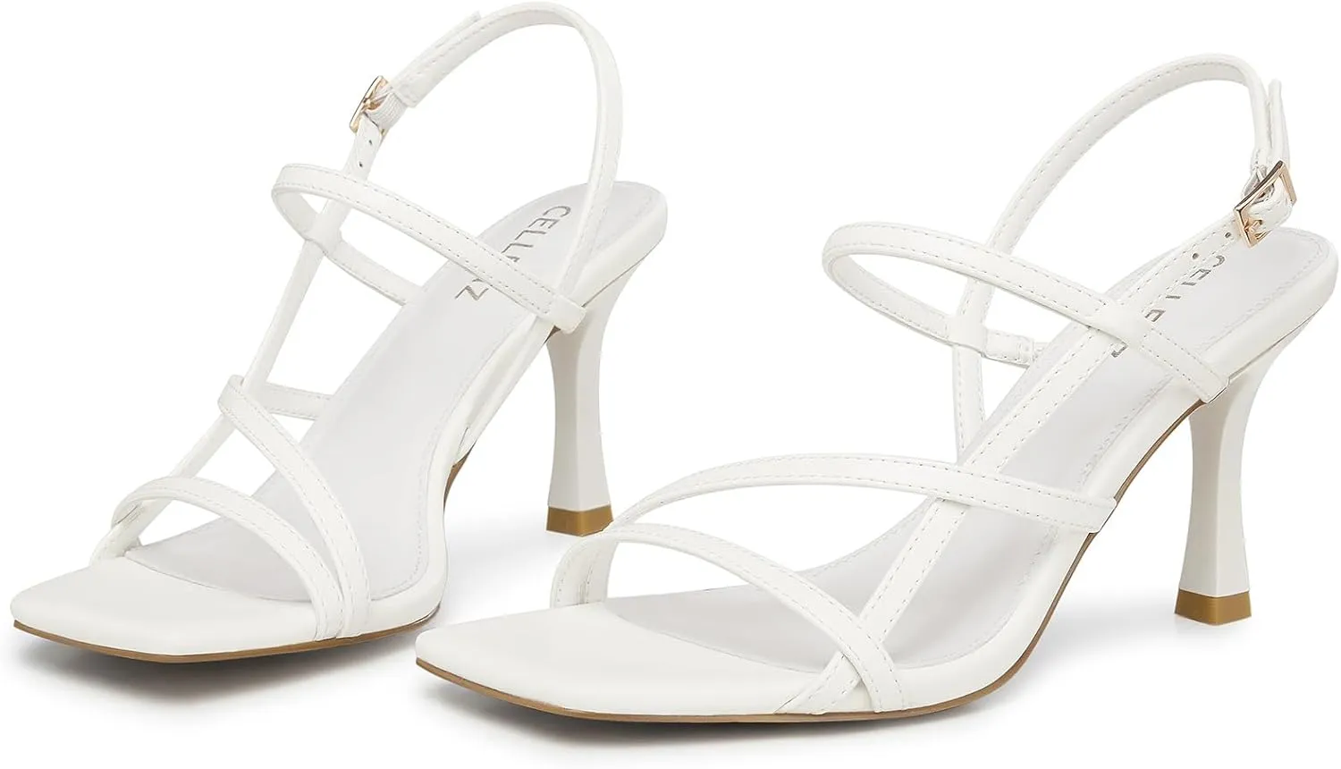 Women Strappy High Heels: Square Open Toe Slingback Sandals, Dressy Sexy Comfortable Kitten Heeled, Prom Party Wedding Black White Gold Nude