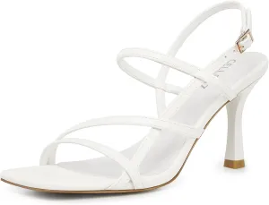 Women Strappy High Heels: Square Open Toe Slingback Sandals, Dressy Sexy Comfortable Kitten Heeled, Prom Party Wedding Black White Gold Nude