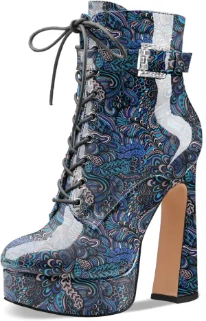 Women's Black Ankle Boots Platform Lace-Up Short Boot Chunky High Heel Closed Round Toe Booties Shoes with Side Zipper and Strap Buckle for Ladies Sexy Cute