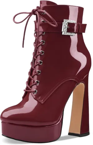 Women's Black Ankle Boots Platform Lace-Up Short Boot Chunky High Heel Closed Round Toe Booties Shoes with Side Zipper and Strap Buckle for Ladies Sexy Cute