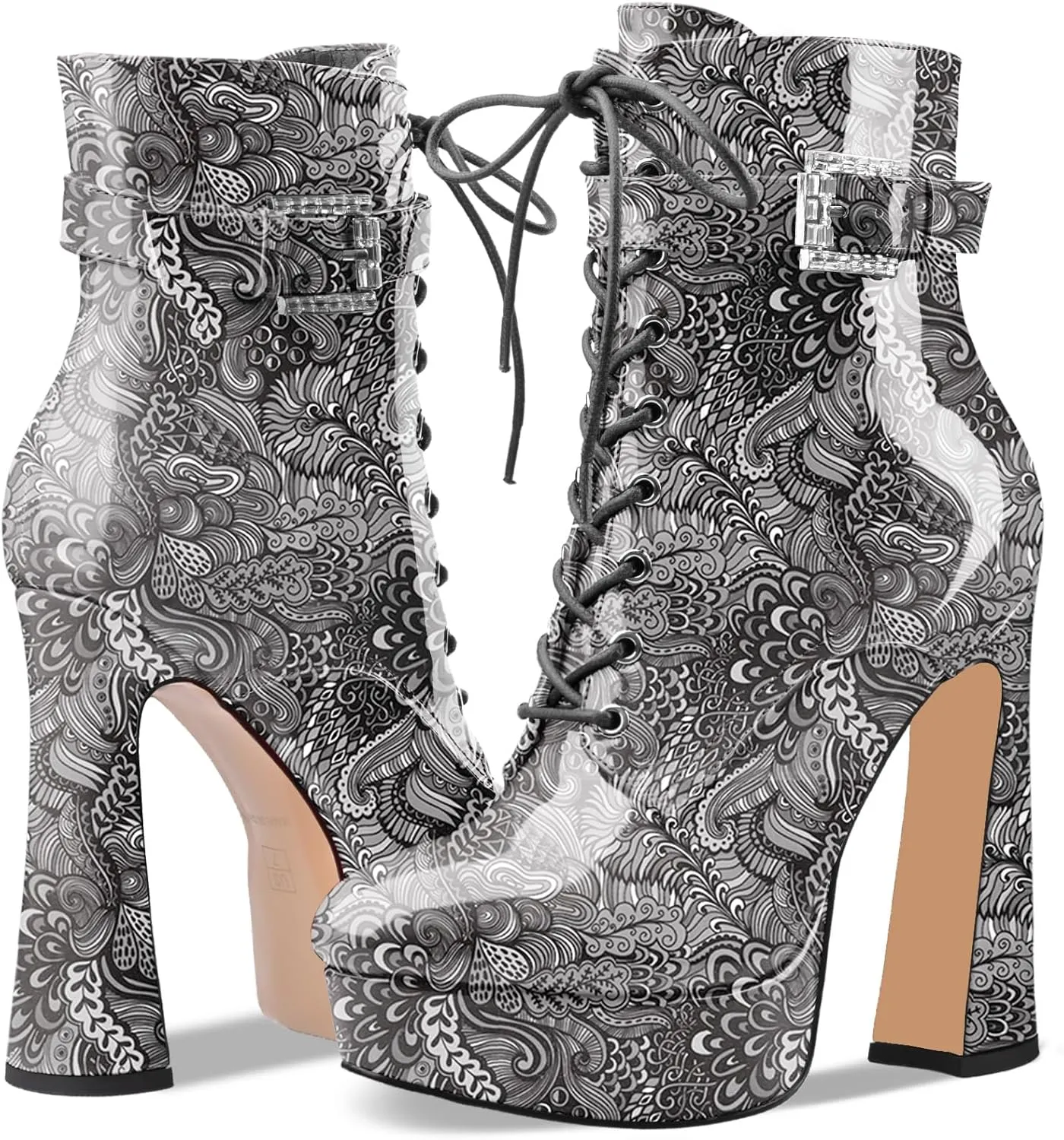 Women's Black Ankle Boots Platform Lace-Up Short Boot Chunky High Heel Closed Round Toe Booties Shoes with Side Zipper and Strap Buckle for Ladies Sexy Cute