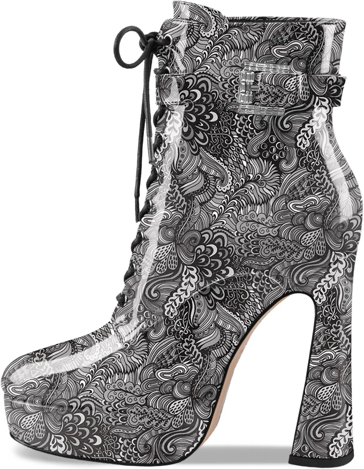 Women's Black Ankle Boots Platform Lace-Up Short Boot Chunky High Heel Closed Round Toe Booties Shoes with Side Zipper and Strap Buckle for Ladies Sexy Cute