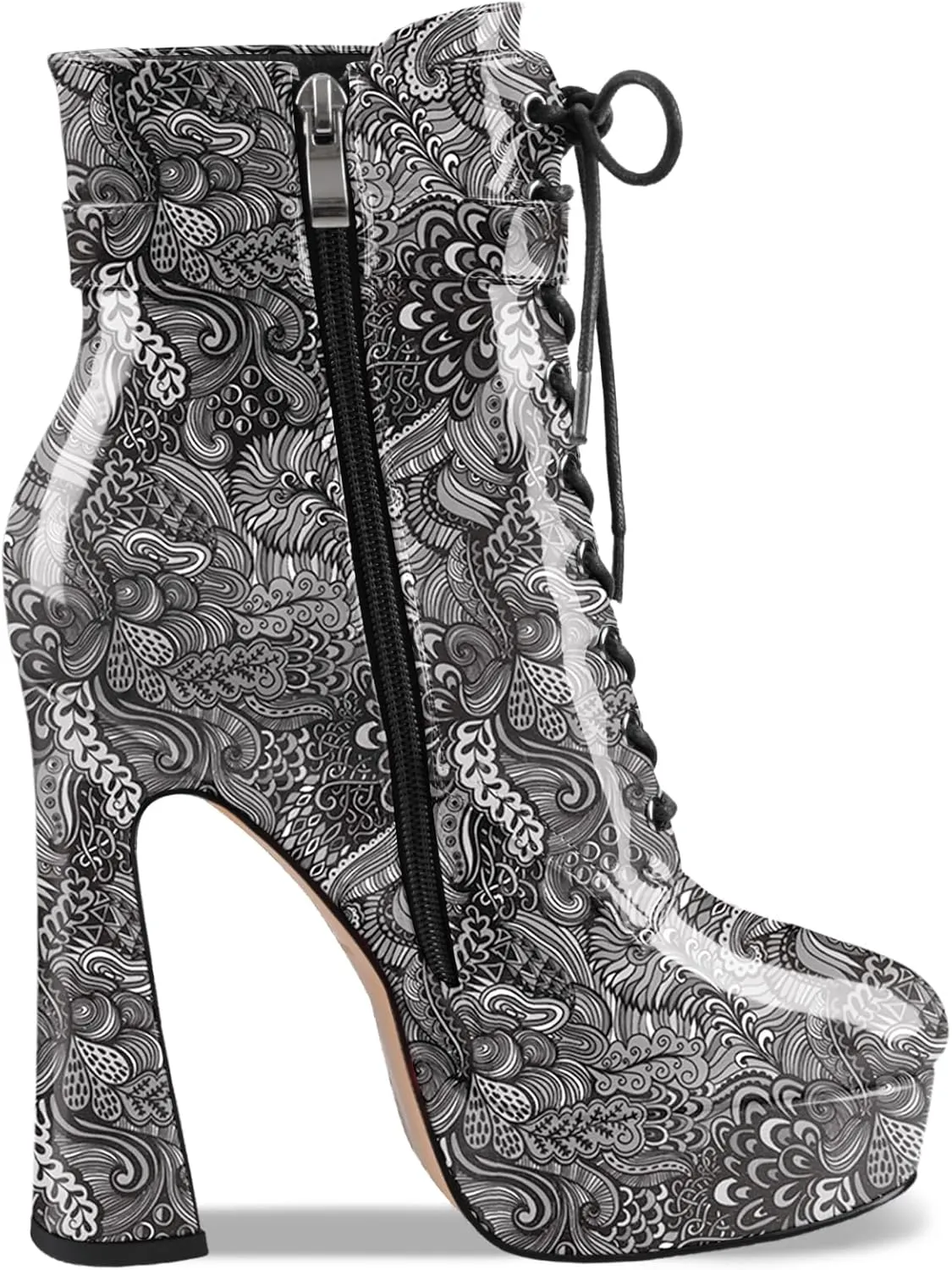 Women's Black Ankle Boots Platform Lace-Up Short Boot Chunky High Heel Closed Round Toe Booties Shoes with Side Zipper and Strap Buckle for Ladies Sexy Cute