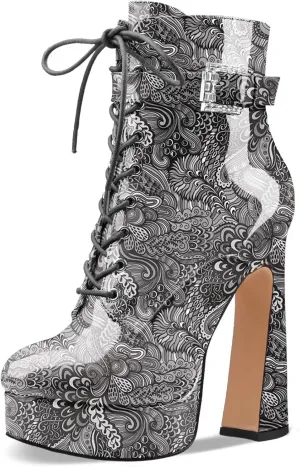 Women's Black Ankle Boots Platform Lace-Up Short Boot Chunky High Heel Closed Round Toe Booties Shoes with Side Zipper and Strap Buckle for Ladies Sexy Cute