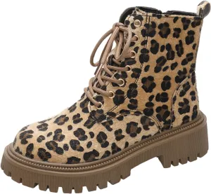Women's Combat Boots Lace up Ankle Booties Lug Sole Low Heel Chelsea Fashion Leopard Print Boots Ladies Platform Boots Fur Lined Walking Hiking Shoes Suede Slip On Lace-up Booties with Side Zipper