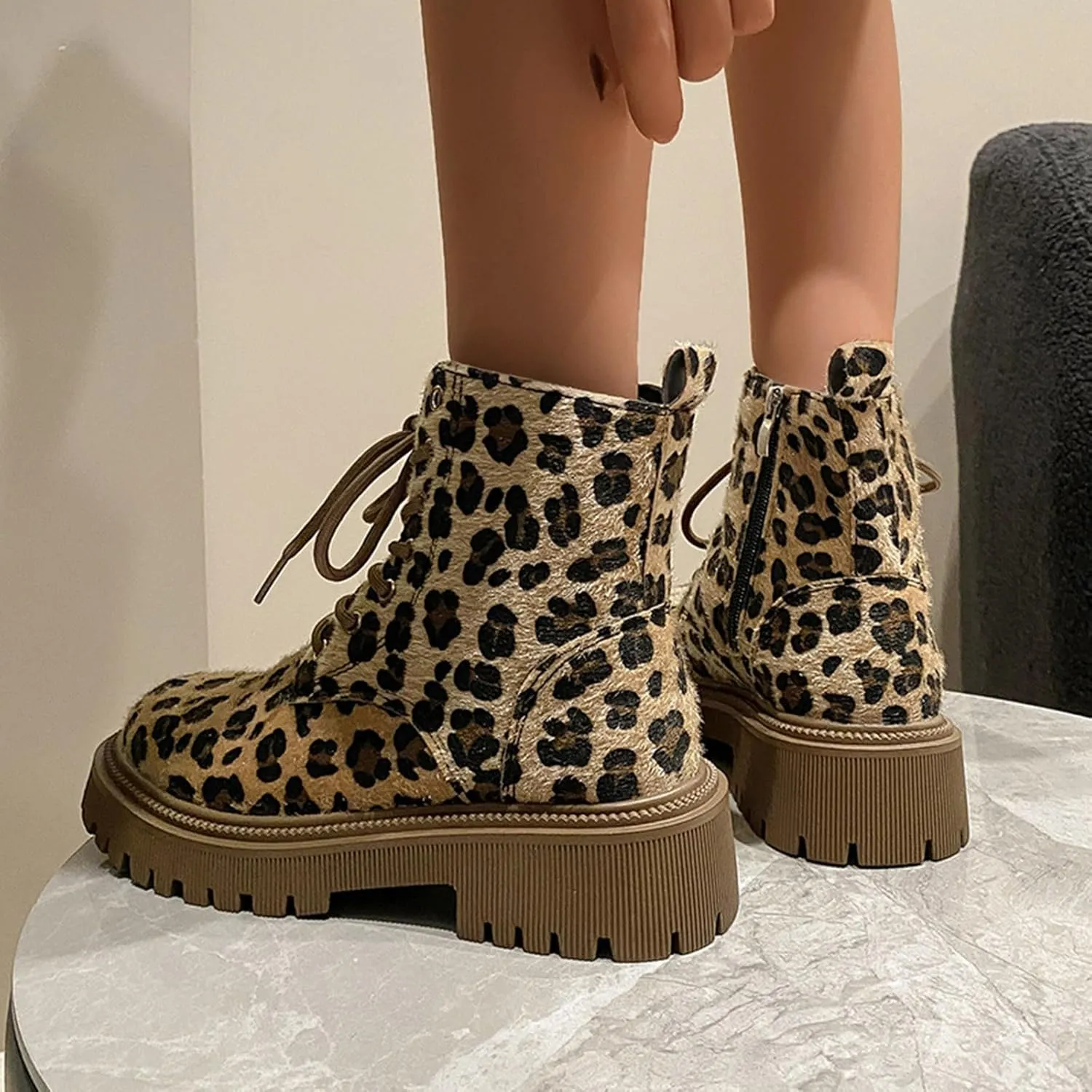 Women's Combat Boots Lace up Ankle Booties Lug Sole Low Heel Chelsea Fashion Leopard Print Boots Ladies Platform Boots Fur Lined Walking Hiking Shoes Suede Slip On Lace-up Booties with Side Zipper