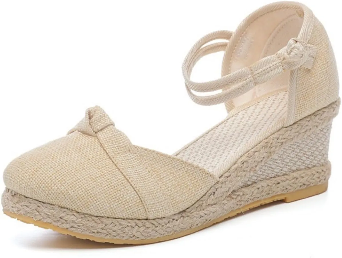 Women's Espadrilles Wedge Sandals Platform Closed Toe Ankle Strap Lace Up Summer Shoes Espadrille Heels Wedges for Women Bohemian Canvas