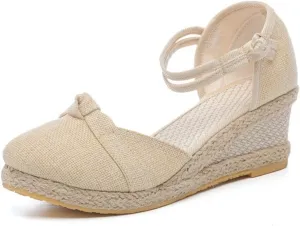 Women's Espadrilles Wedge Sandals Platform Closed Toe Ankle Strap Lace Up Summer Shoes Espadrille Heels Wedges for Women Bohemian Canvas