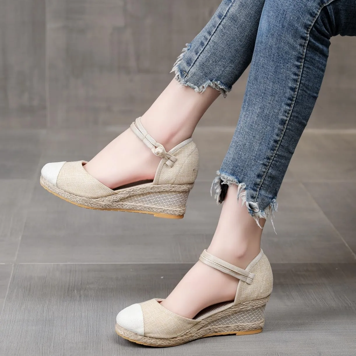 Women's Espadrilles Wedge Sandals Platform Closed Toe Ankle Strap Lace Up Summer Shoes Espadrille Heels Wedges for Women Bohemian Canvas