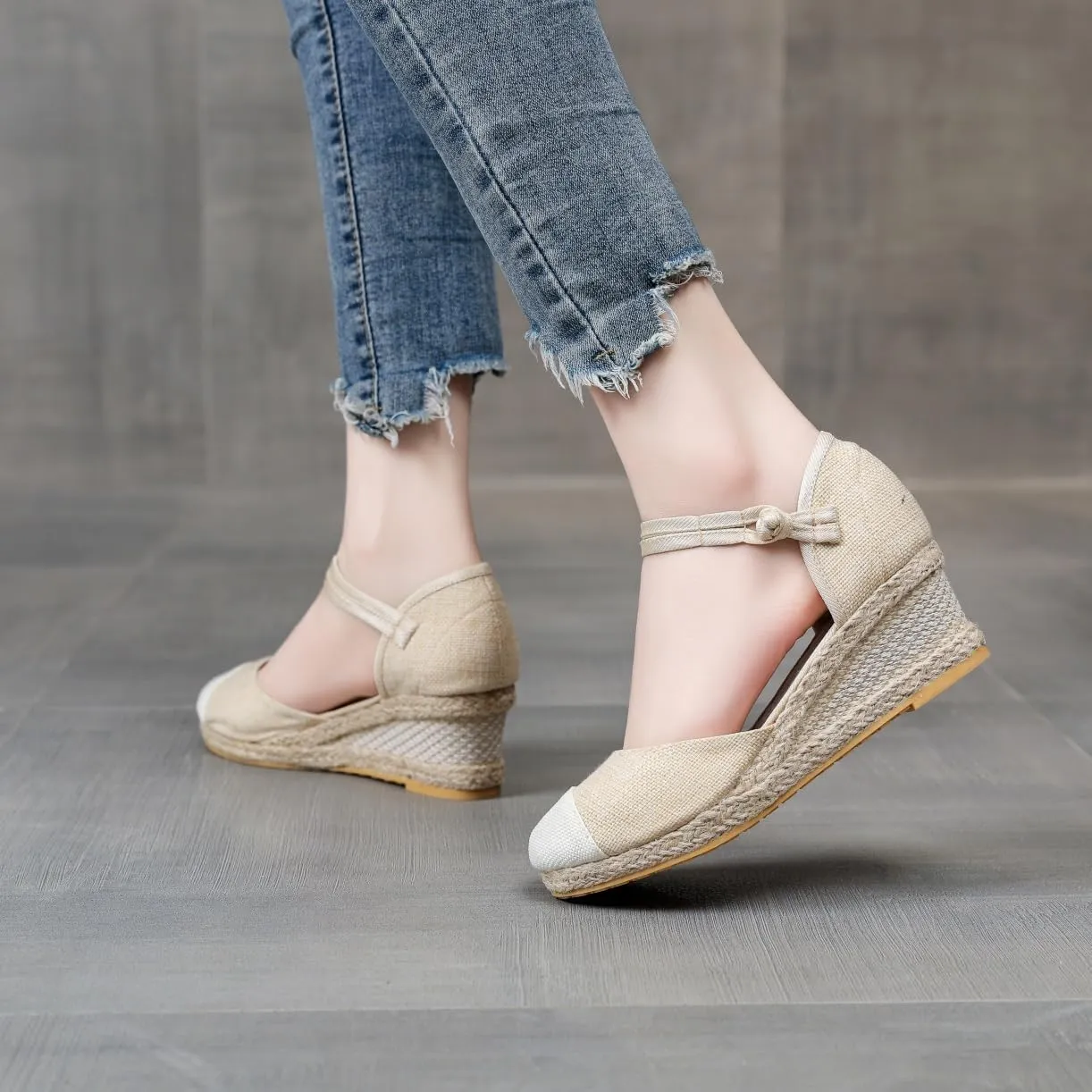 Women's Espadrilles Wedge Sandals Platform Closed Toe Ankle Strap Lace Up Summer Shoes Espadrille Heels Wedges for Women Bohemian Canvas