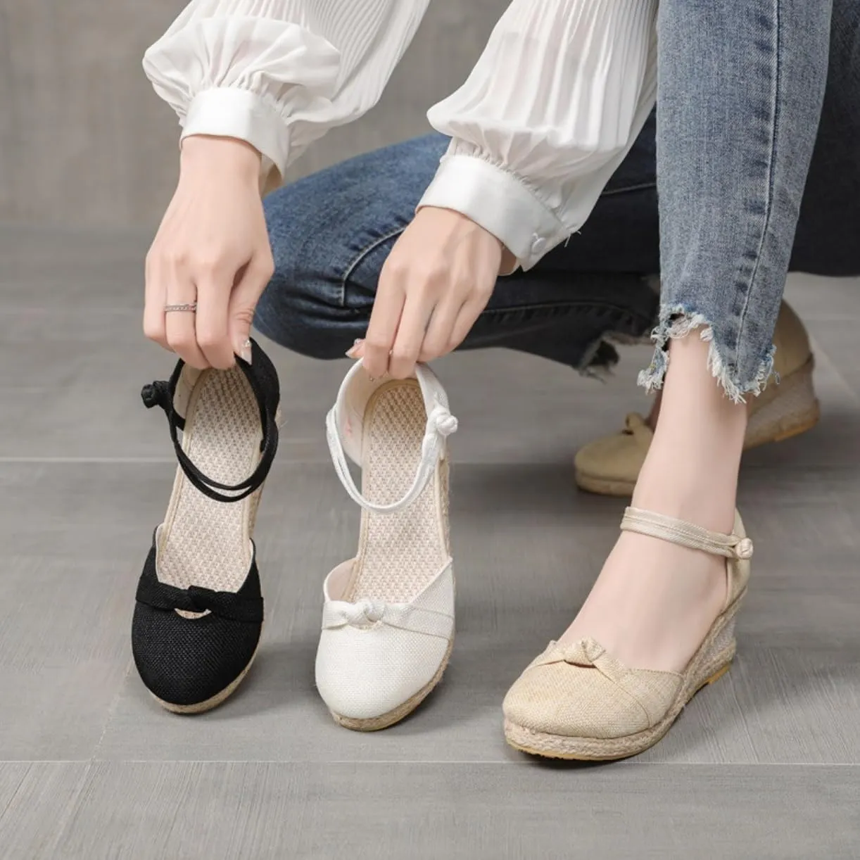 Women's Espadrilles Wedge Sandals Platform Closed Toe Ankle Strap Lace Up Summer Shoes Espadrille Heels Wedges for Women Bohemian Canvas