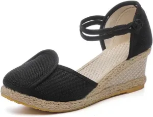 Women's Espadrilles Wedge Sandals Platform Closed Toe Ankle Strap Lace Up Summer Shoes Espadrille Heels Wedges for Women Bohemian Canvas