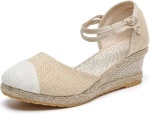 Women's Espadrilles Wedge Sandals Platform Closed Toe Ankle Strap Lace Up Summer Shoes Espadrille Heels Wedges for Women Bohemian Canvas