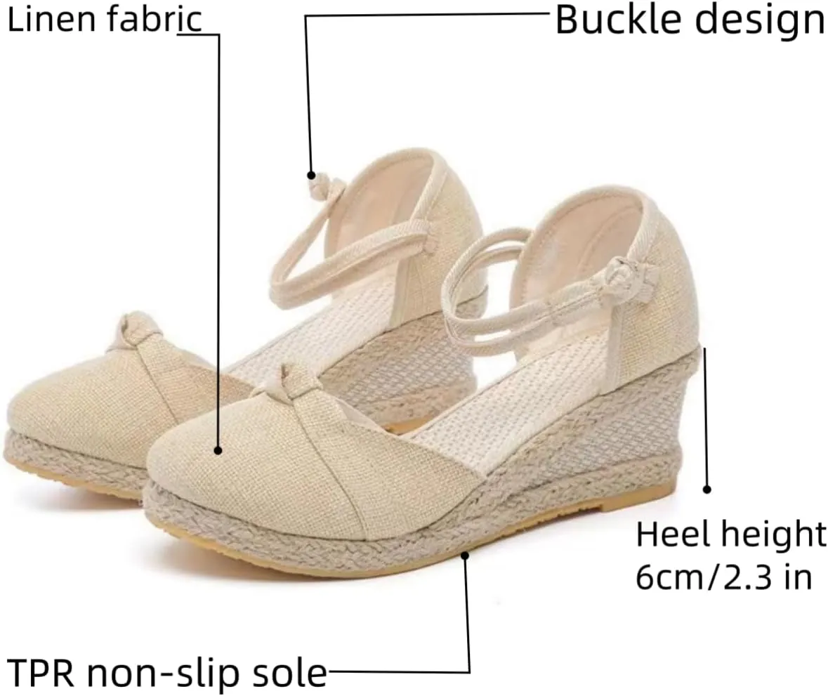 Women's Espadrilles Wedge Sandals Platform Closed Toe Ankle Strap Lace Up Summer Shoes Espadrille Heels Wedges for Women Bohemian Canvas