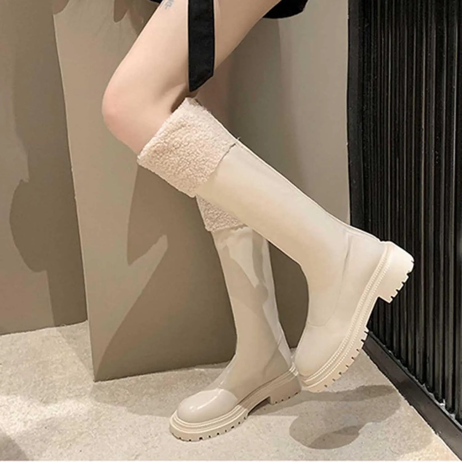 Women's Faux Fur Lined Knee High Pull On Fall Weather Winter Boots Comfortable Flat Low Heel Round Toe Slouch Boots