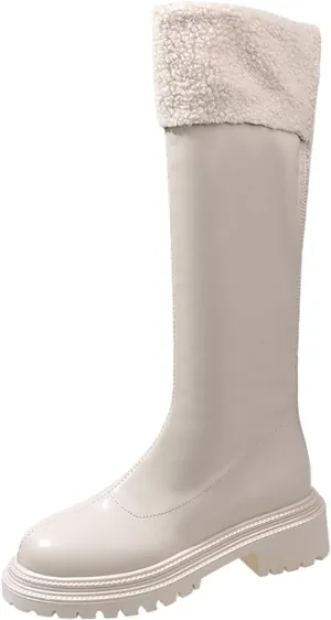 Women's Faux Fur Lined Knee High Pull On Fall Weather Winter Boots Comfortable Flat Low Heel Round Toe Slouch Boots