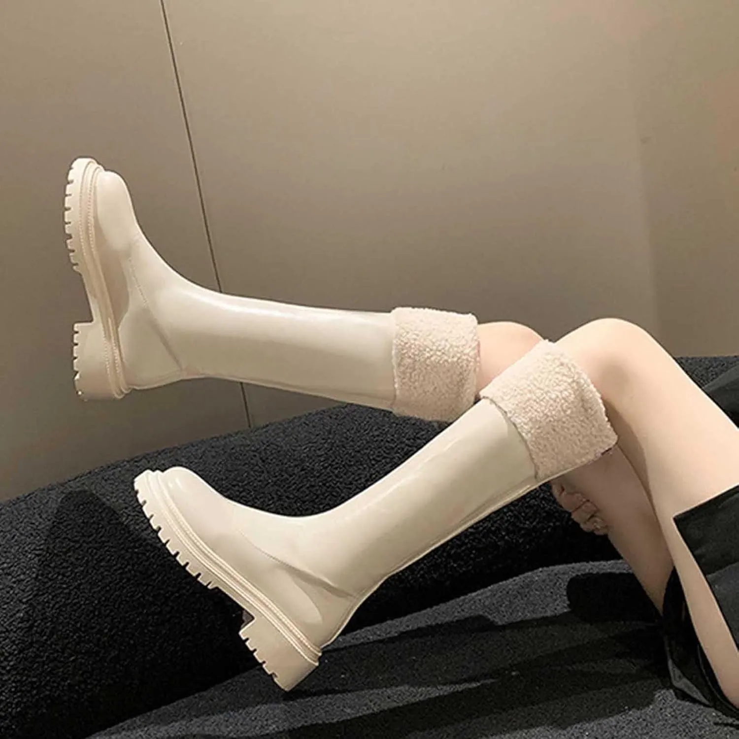 Women's Faux Fur Lined Knee High Pull On Fall Weather Winter Boots Comfortable Flat Low Heel Round Toe Slouch Boots