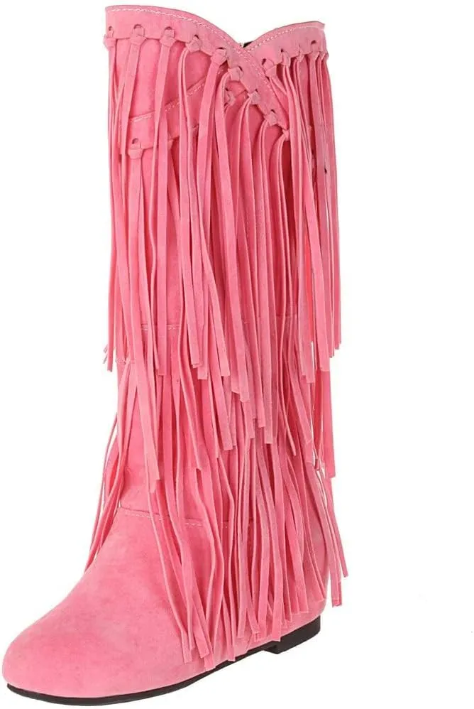 Womens Fringe Western Boots Fashion Hidden Heel Knee-high Boots Round Toe Platform Tassel Moccasin Boots