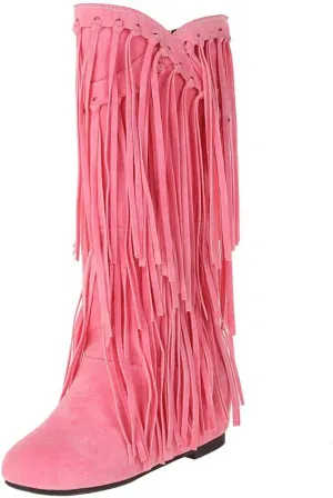Womens Fringe Western Boots Fashion Hidden Heel Knee-high Boots Round Toe Platform Tassel Moccasin Boots