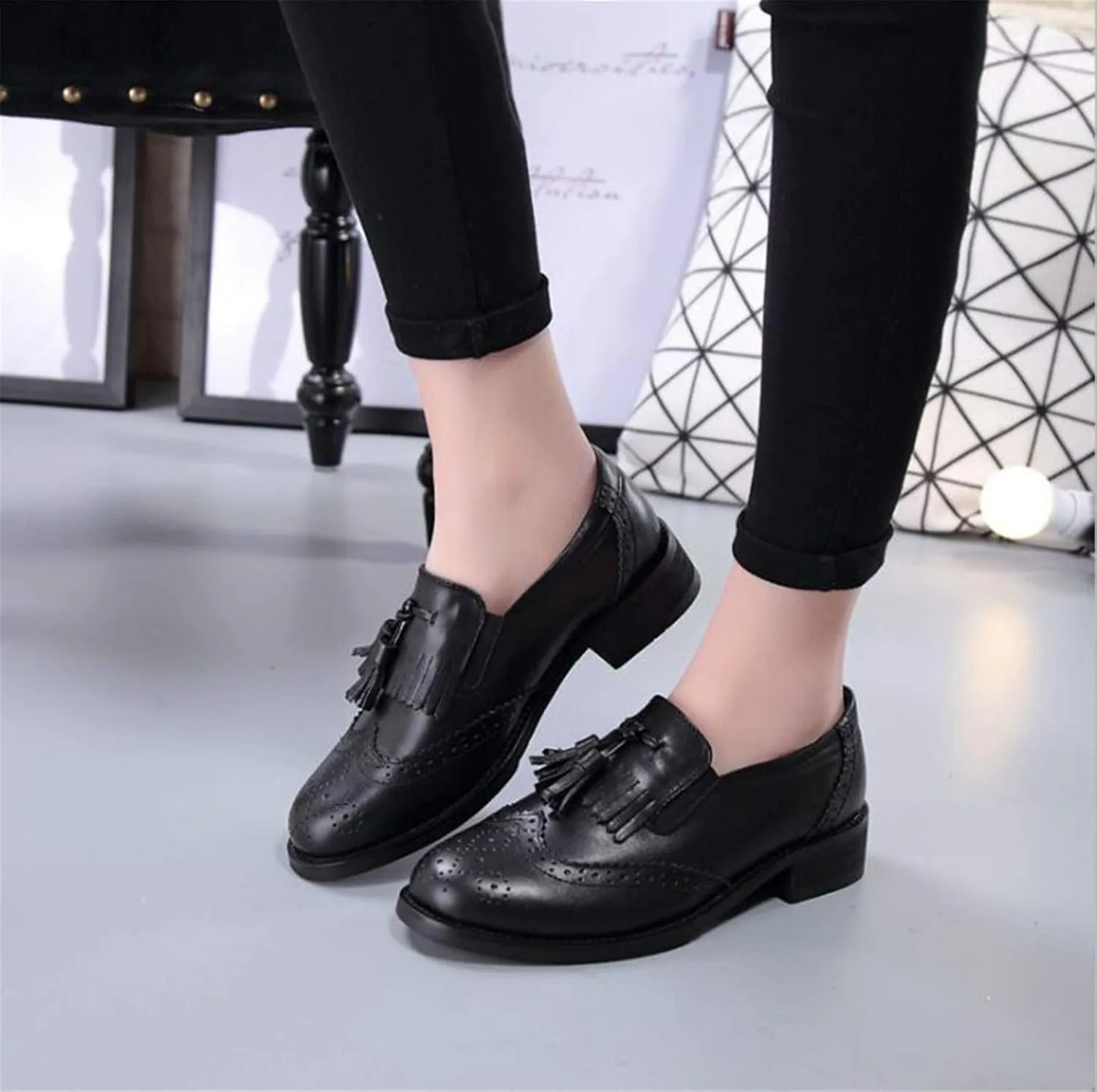 Women's Genuine Leather Tassel Loafers Brogues Slip-On Court Shoes