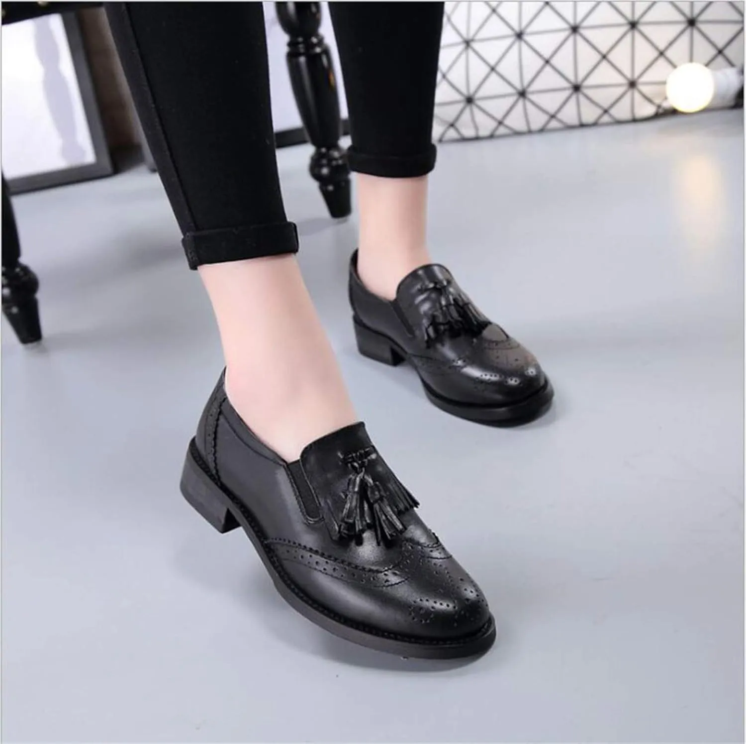 Women's Genuine Leather Tassel Loafers Brogues Slip-On Court Shoes