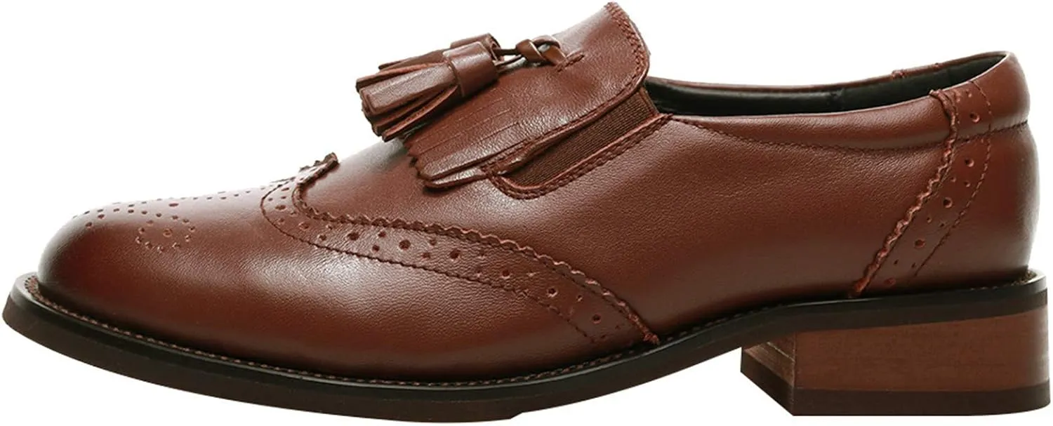 Women's Genuine Leather Tassel Loafers Brogues Slip-On Court Shoes