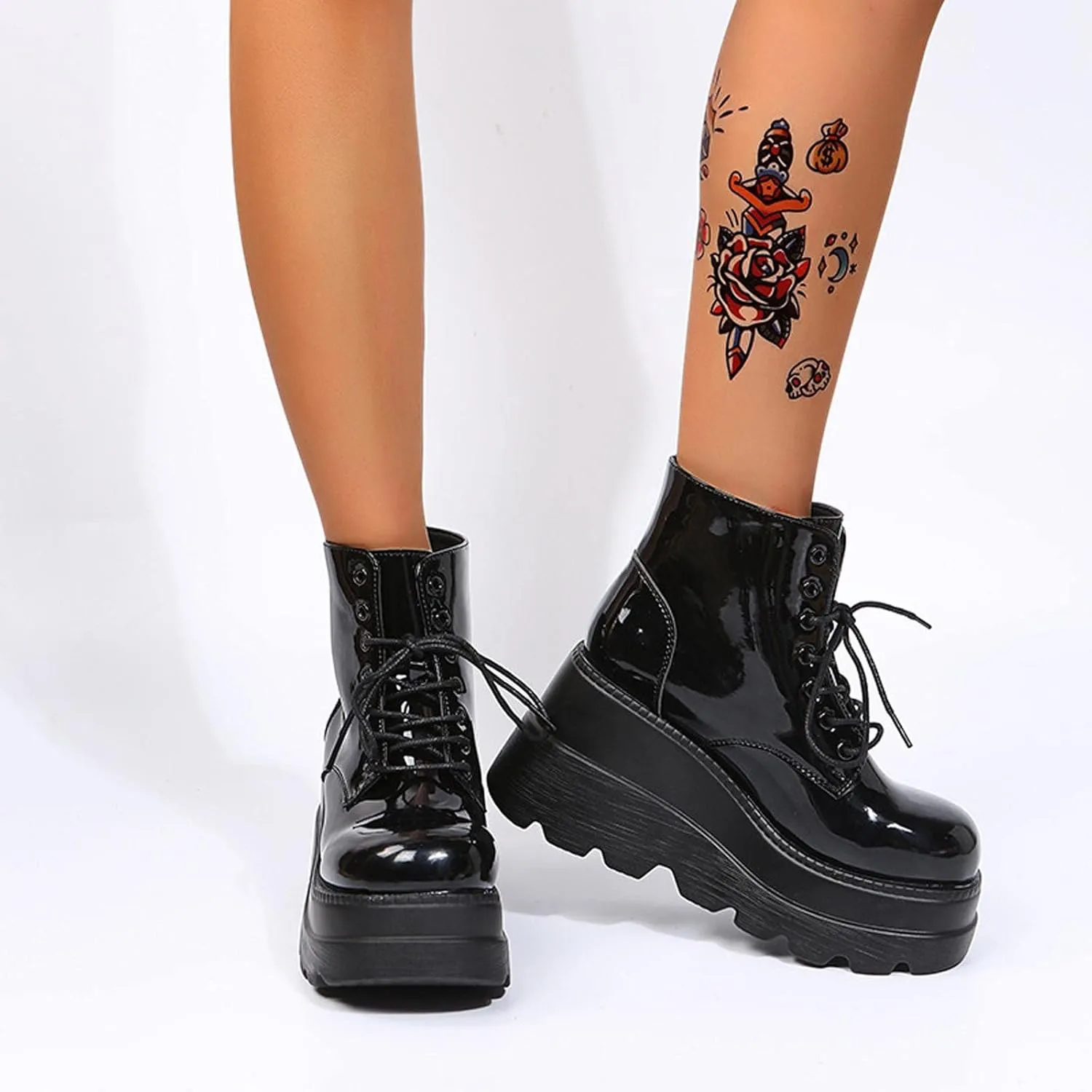 Womens High Platform Goth Ankle Booties Wedges Chunky High Heel Round-Toe Lace up Punk Combat Boots for Women