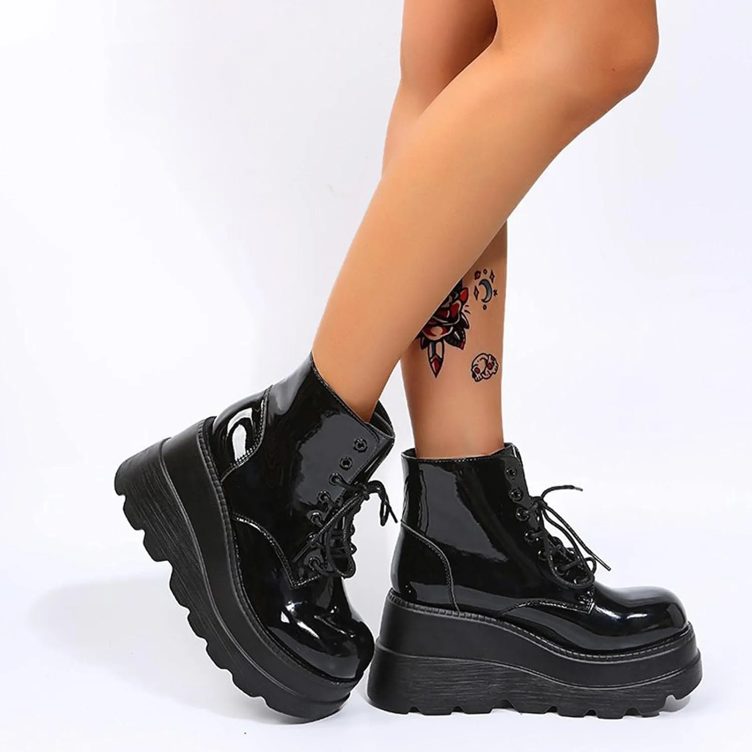 Womens High Platform Goth Ankle Booties Wedges Chunky High Heel Round-Toe Lace up Punk Combat Boots for Women